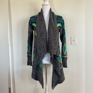 Roxy Aztec Geometric Waterfall Draped Wrap Cardigan Boho Gray Knit Sweater